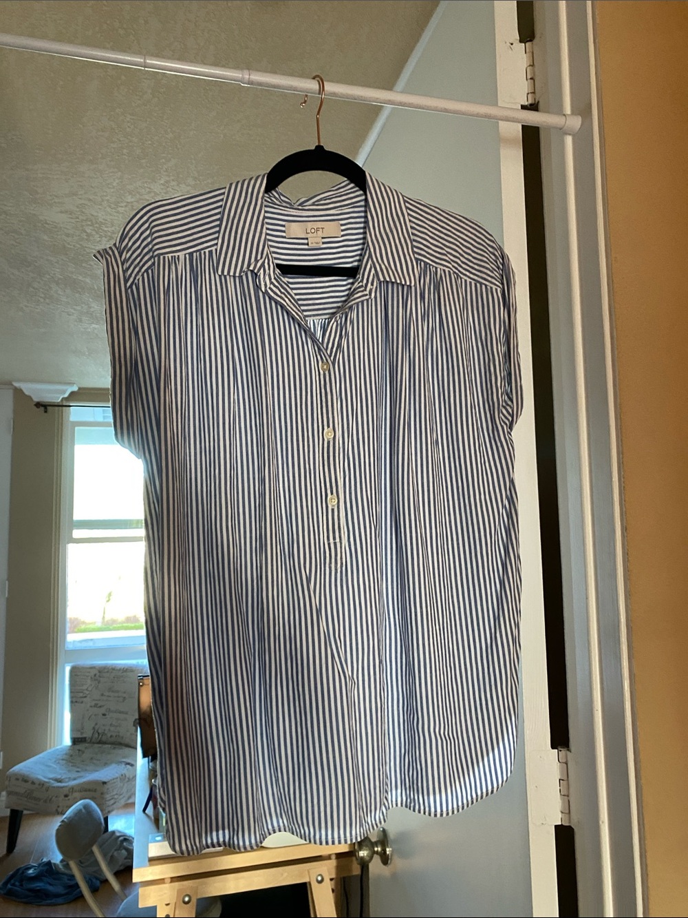 LOFT Blue and White Vertical Stripe Short Sleeve Button-Up Shirt
